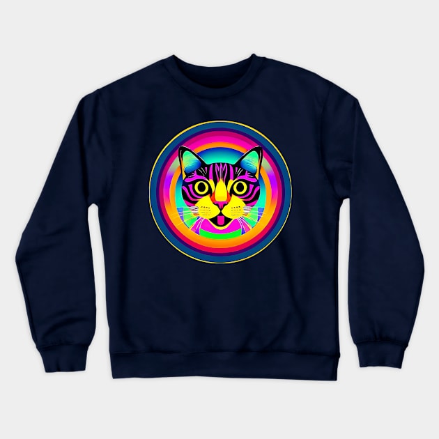 Funny Purple And Yellow Cat Inside The Colorful Round Frame Crewneck Sweatshirt by funfun